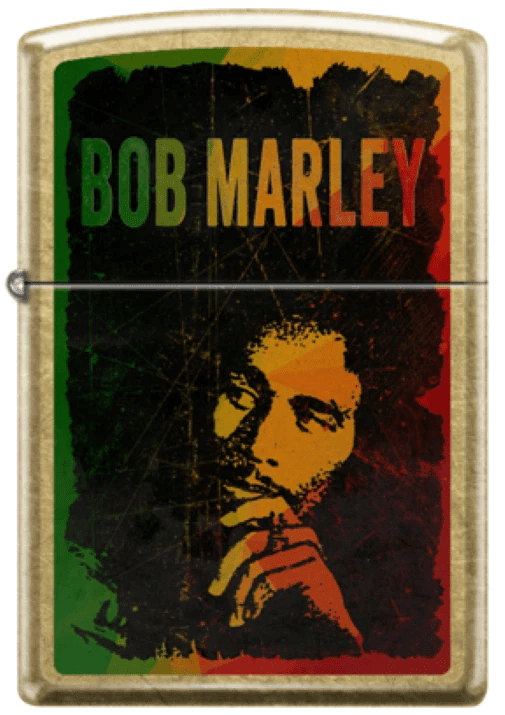 Brass-tone lighter with the Bob Marley portrait from the supplied photograph.