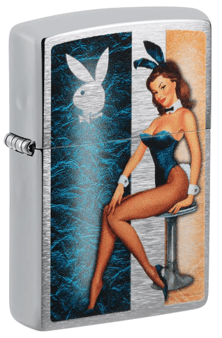 Street-chrome Zippo lighter with the Playboy Bunny artwork from the supplied photograph.