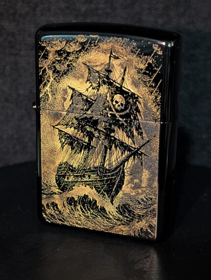 Black Ebony Zippo – Laser Engraved Pirate Ship Design