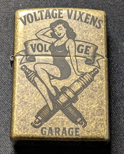 Vintage "Voltage Vixens Garage" Custom Engraved Zippo Lighter – Antique Brass Finish